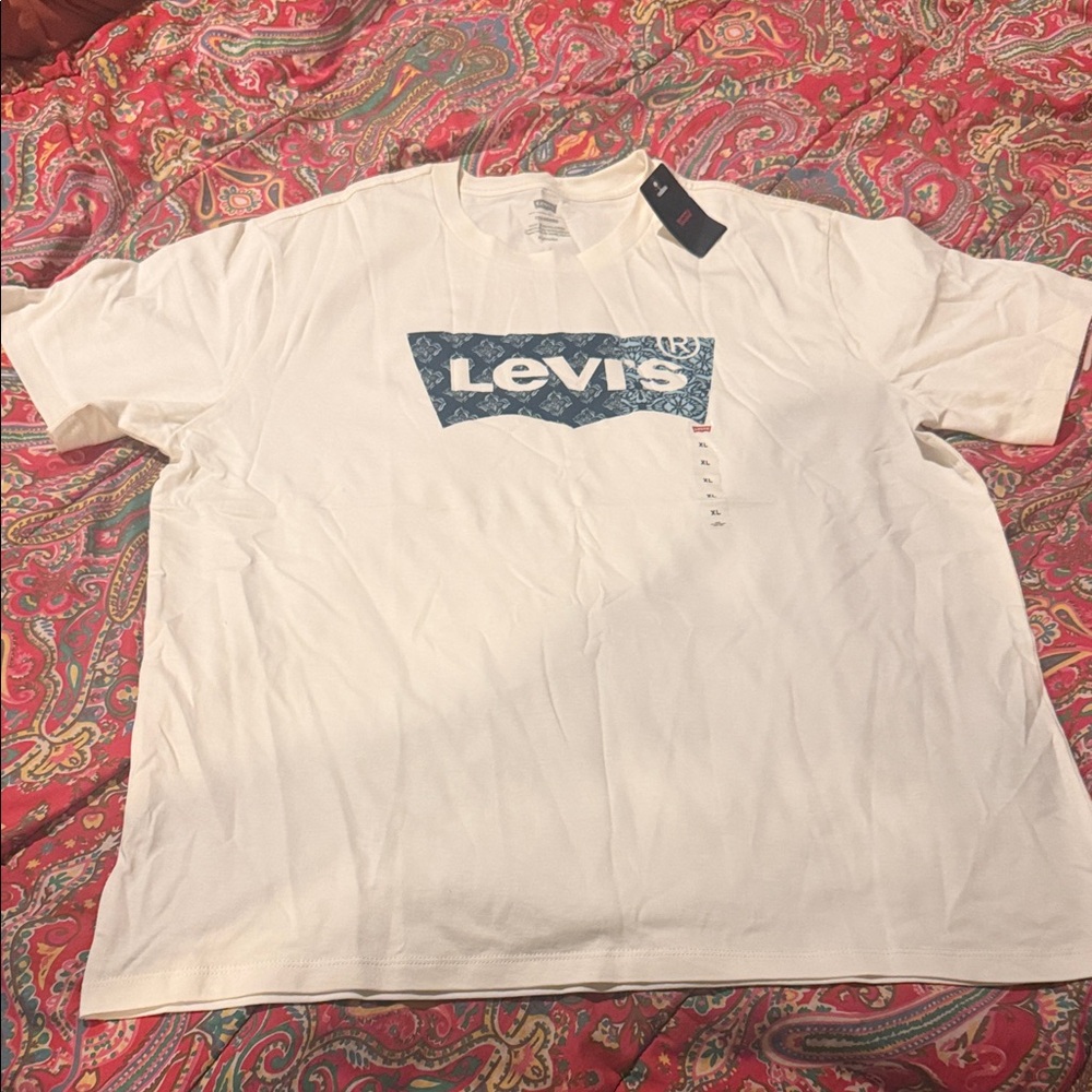 Levi’s White Graphic Batwing Logo T-Shirt XL Blue Print Tee